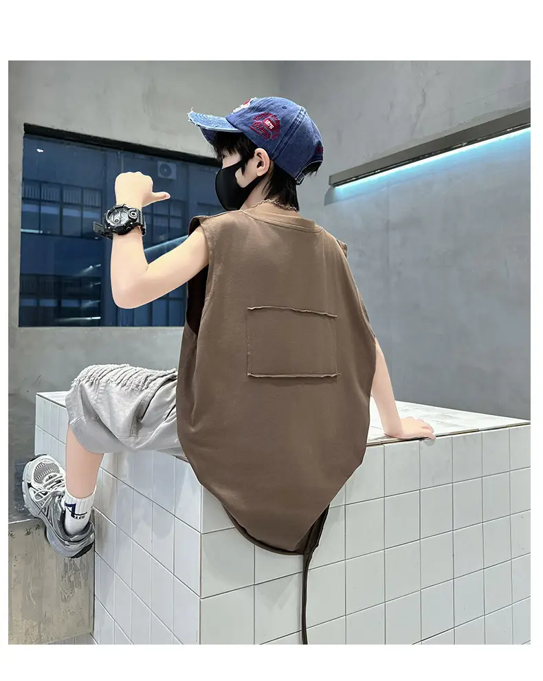 Summer Boys Sleeveless Vest Shorts Suit Brown Grey Kids — feature 18