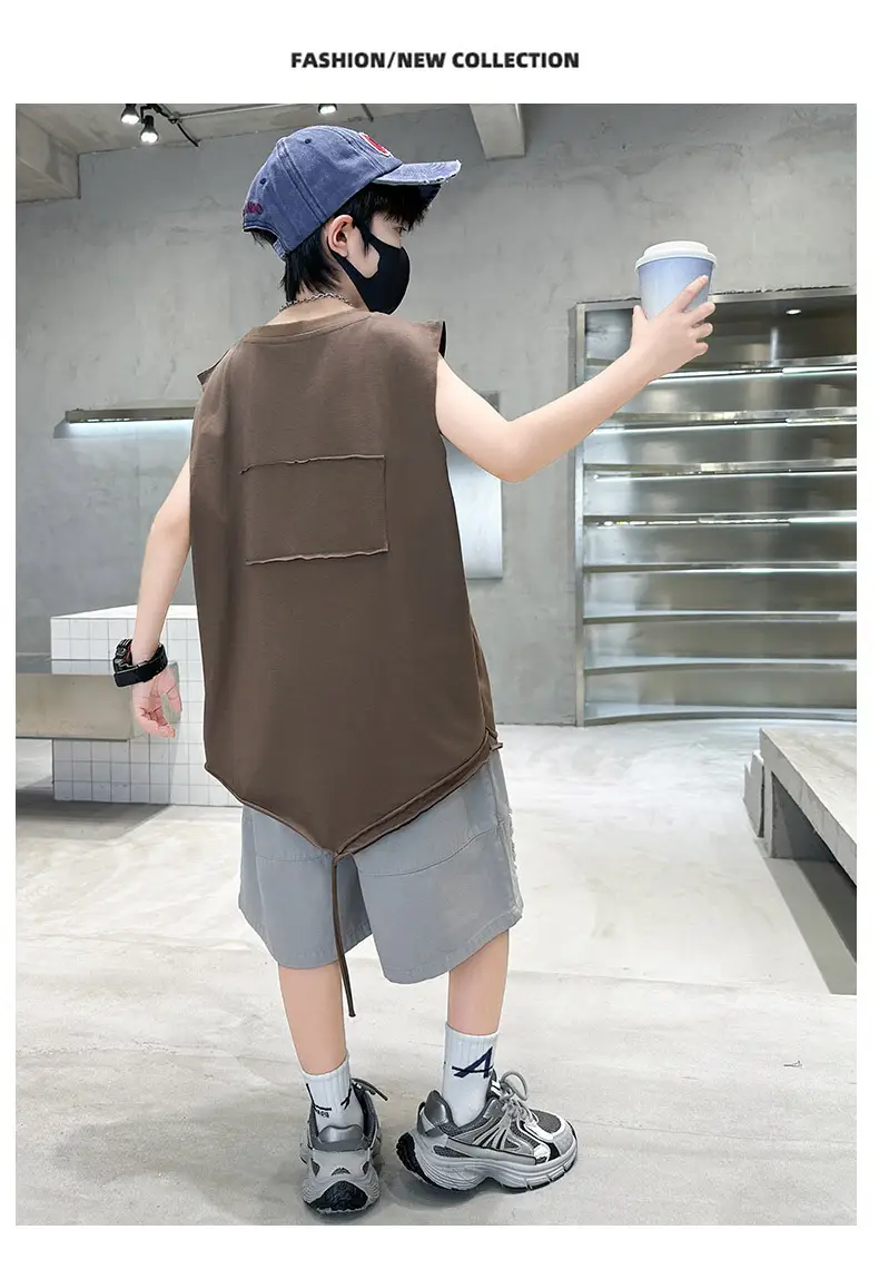 Summer Boys Sleeveless Vest Shorts Suit Brown Grey Kids — feature 19