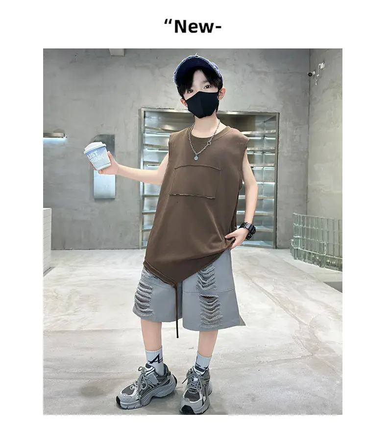 Summer Boys Sleeveless Vest Shorts Suit Brown Grey Kids — feature 20