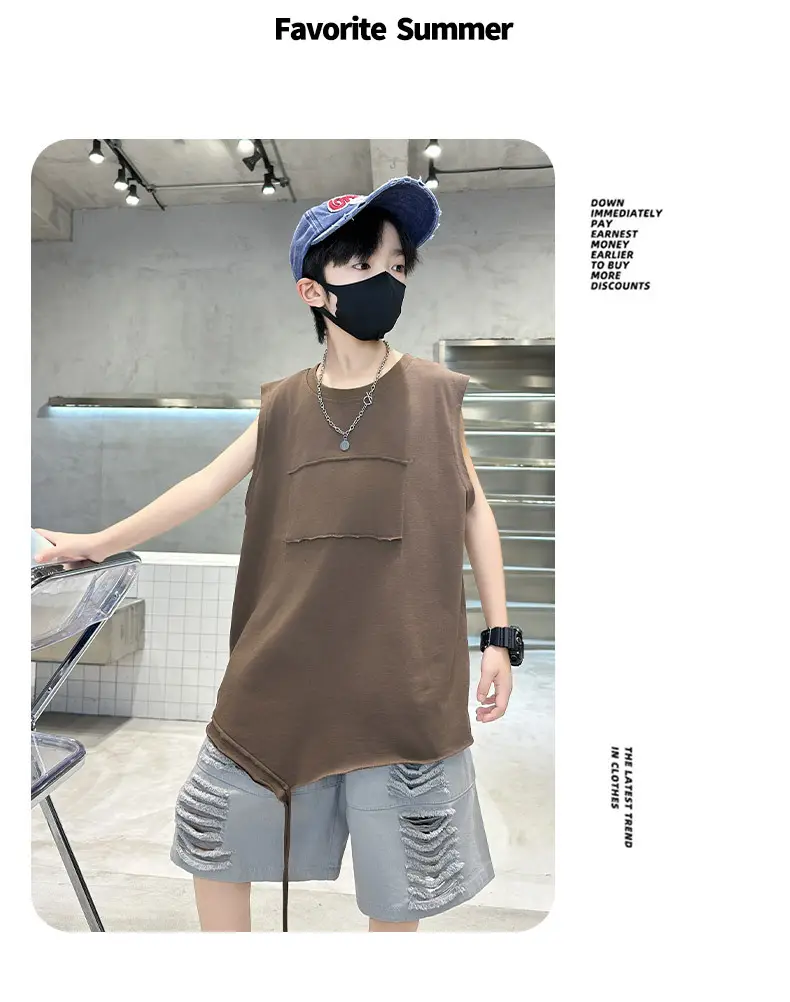 Summer Boys Sleeveless Vest Shorts Suit Brown Grey Kids — feature 21