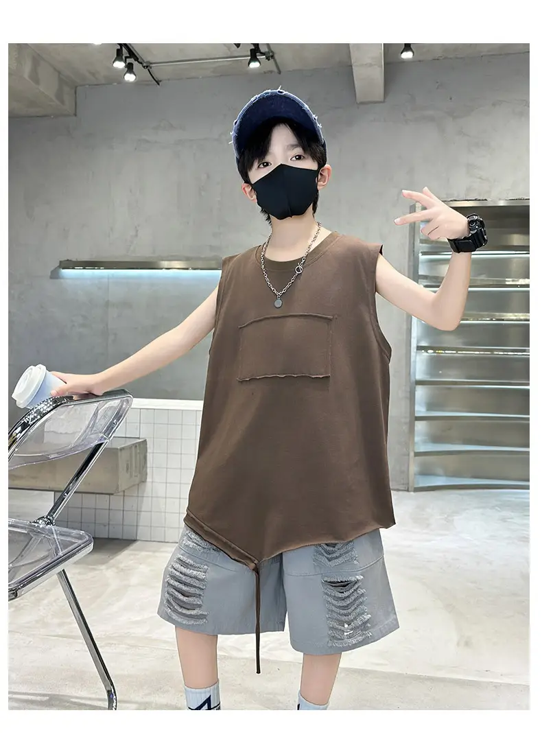 Summer Boys Sleeveless Vest Shorts Suit Brown Grey Kids — feature 22