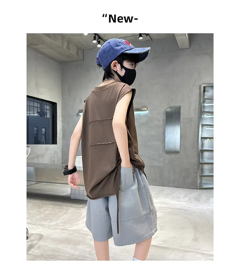 Summer Boys Sleeveless Vest Shorts Suit Brown Grey Kids — feature 23