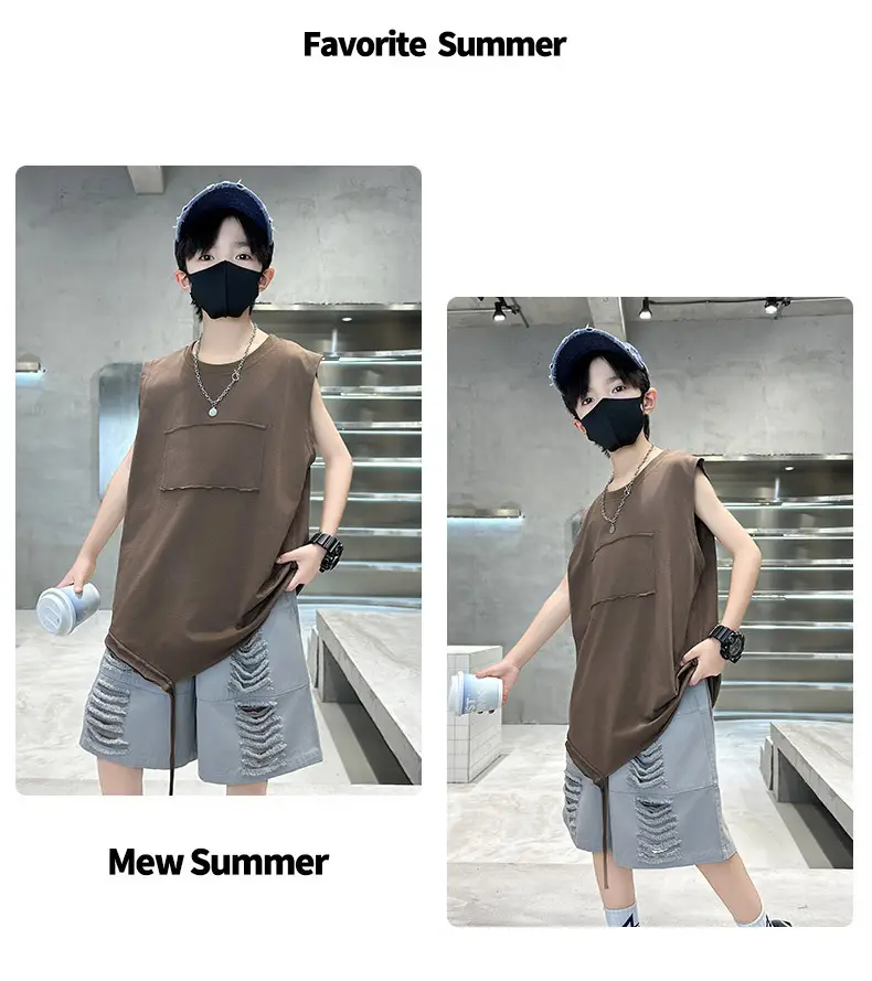 Summer Boys Sleeveless Vest Shorts Suit Brown Grey Kids — feature 24