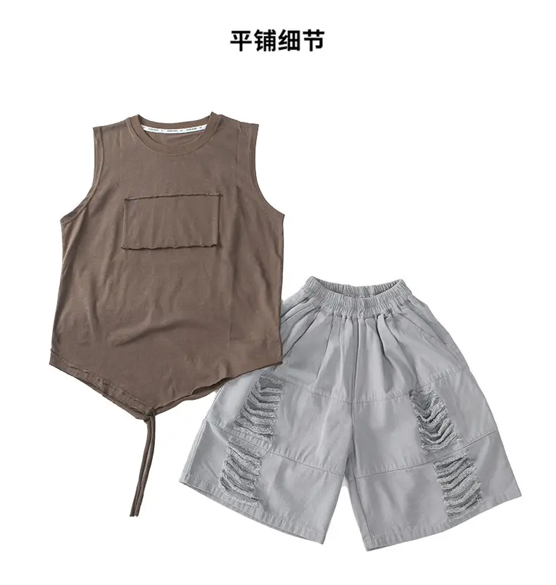 Summer Boys Sleeveless Vest Shorts Suit Brown Grey Kids — feature 25