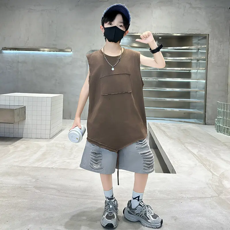 Summer Boys Sleeveless Vest Shorts Suit Brown Grey Kids — feature 3