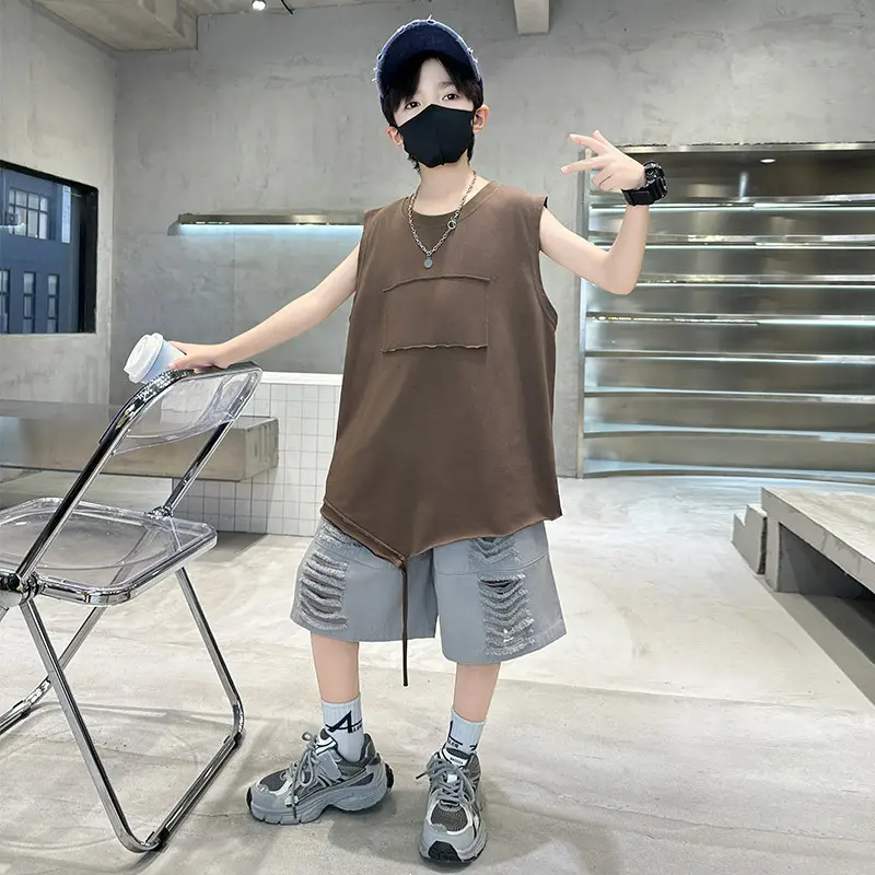 Summer Boys Sleeveless Vest Shorts Suit Brown Grey Kids — feature 4