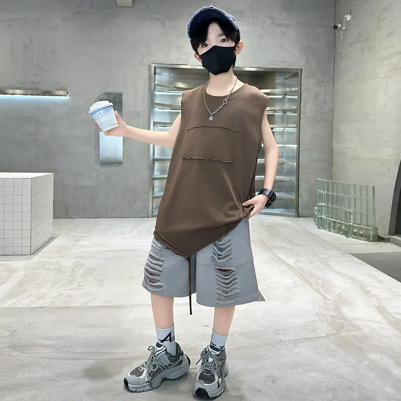 Summer Boys Sleeveless Vest Shorts Suit Brown Grey Kids — feature 5