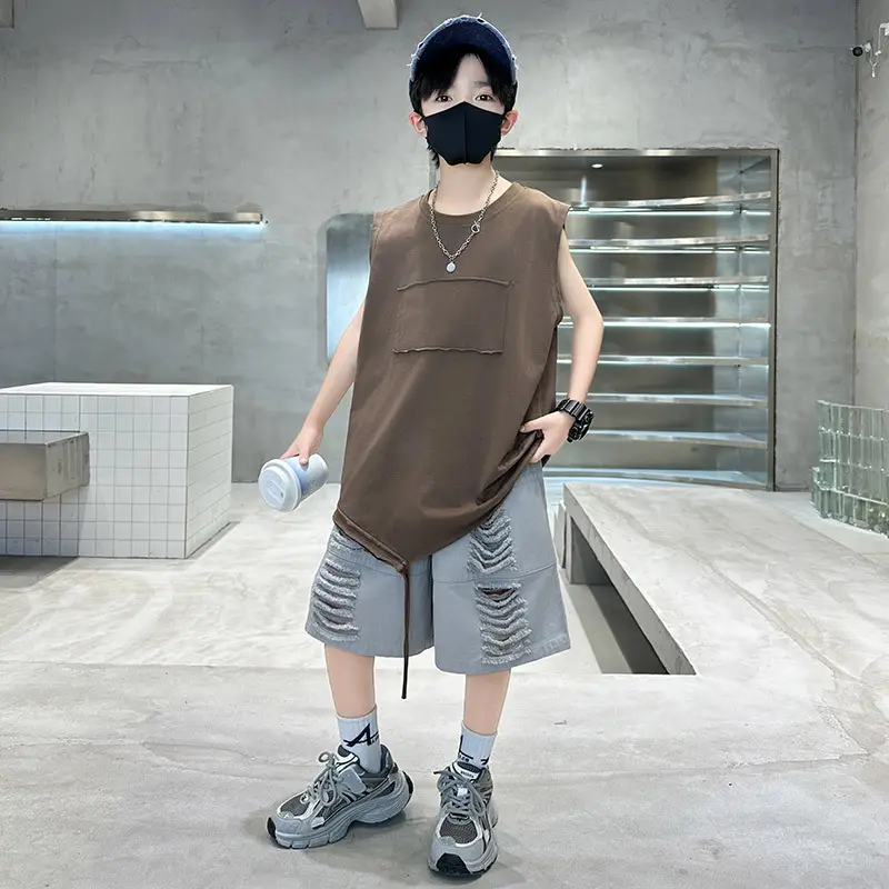 Summer Boys Sleeveless Vest Shorts Suit Brown Grey Kids - Image 2