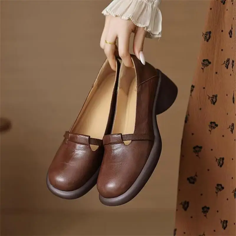 2025 New Commuter Women's Shoes Round Toe Shallow Mouth Retro Thick-Soled Slip-On Shoes French Mary Jane Small Leather Shoes
