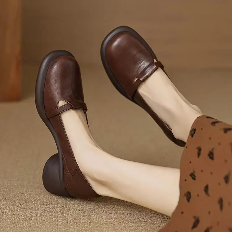 2025 New Commuter Women's Shoes Round Toe Shallow Mouth Retro Thick-Soled Slip-On Shoes French Mary Jane Small Leather Shoes — feature 2