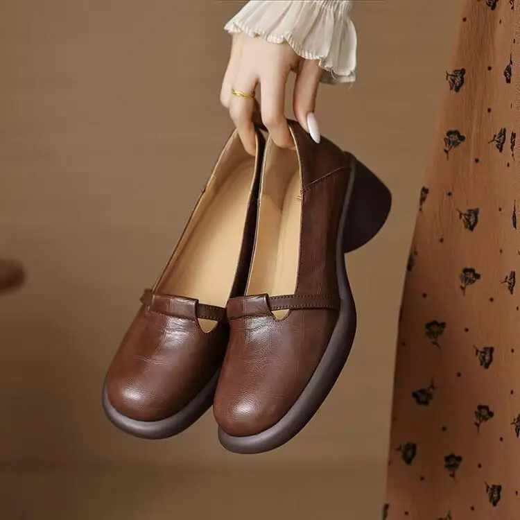 2025 New Commuter Women's Shoes Round Toe Shallow Mouth Retro Thick-Soled Slip-On Shoes French Mary Jane Small Leather Shoes — feature 4