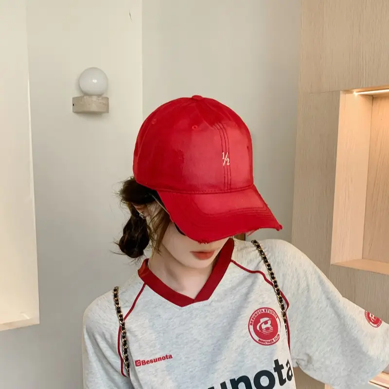 Red Vintage Distressed Baseball Cap for Women - Image 12