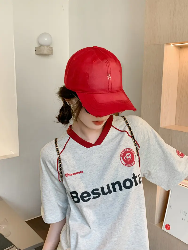 Red Vintage Distressed Baseball Cap for Women — feature 3
