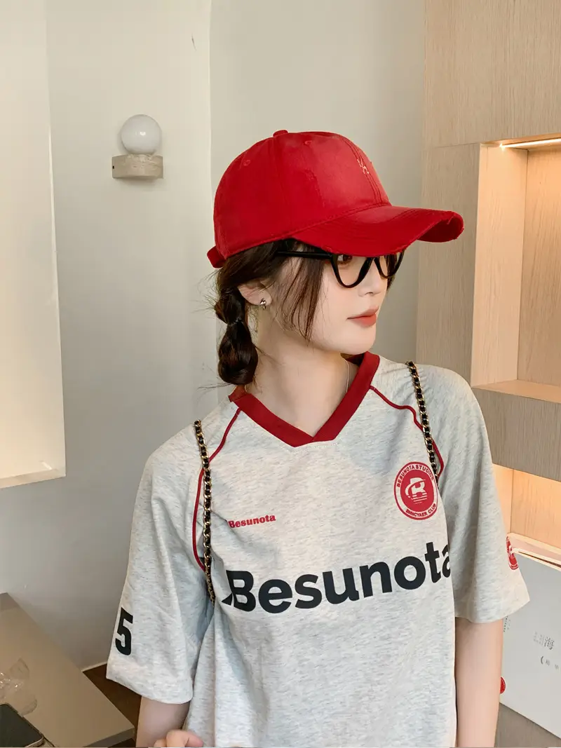 Red Vintage Distressed Baseball Cap for Women — feature 4