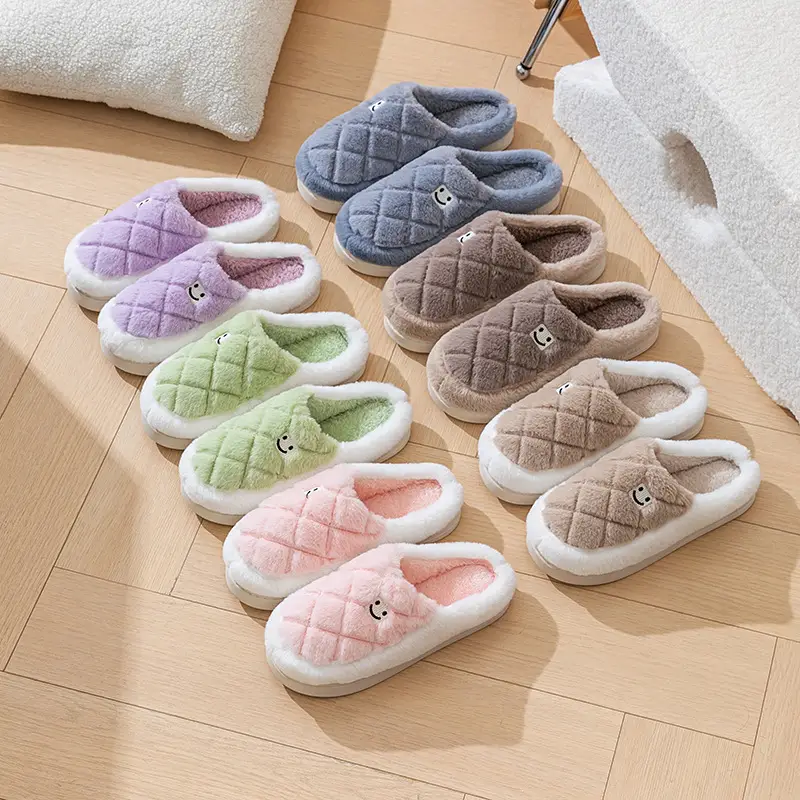 Embroidered Smiley Face Cotton Slippers for Women, Autumn and Winter Indoor Home Use, Wear-Resistant, Warm and Velvet, Couple Confinement Wool Slippers for Men