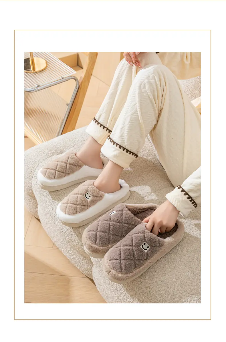 Embroidered Smiley Face Cotton Slippers for Women, Autumn and Winter Indoor Home Use, Wear-Resistant, Warm and Velvet, Couple Confinement Wool Slippers for Men — feature 13
