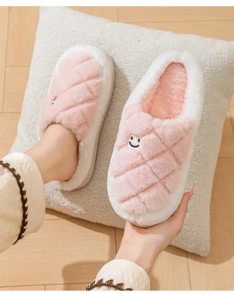 Embroidered Smiley Face Cotton Slippers for Women, Autumn and Winter Indoor Home Use, Wear-Resistant, Warm and Velvet, Couple Confinement Wool Slippers for Men — feature 15