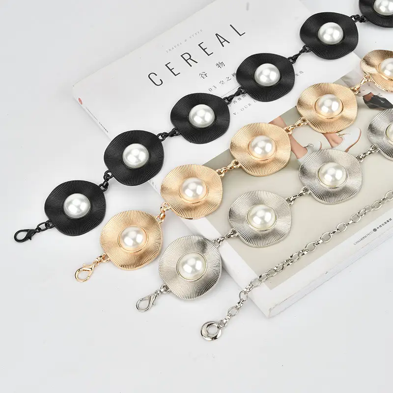 Korean Pearl Inlaid Metal Waist Chain for Women