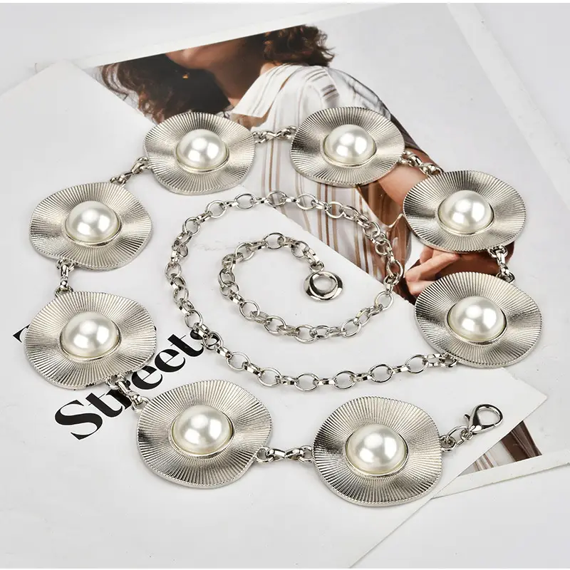 Korean Pearl Inlaid Metal Waist Chain for Women