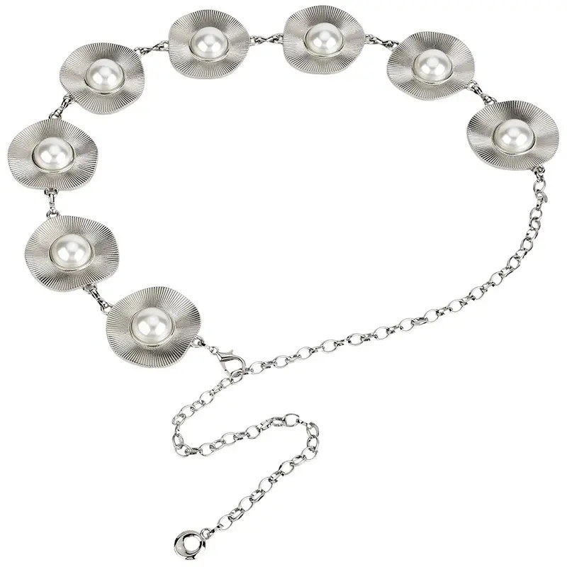 Korean Pearl Inlaid Metal Waist Chain for Women