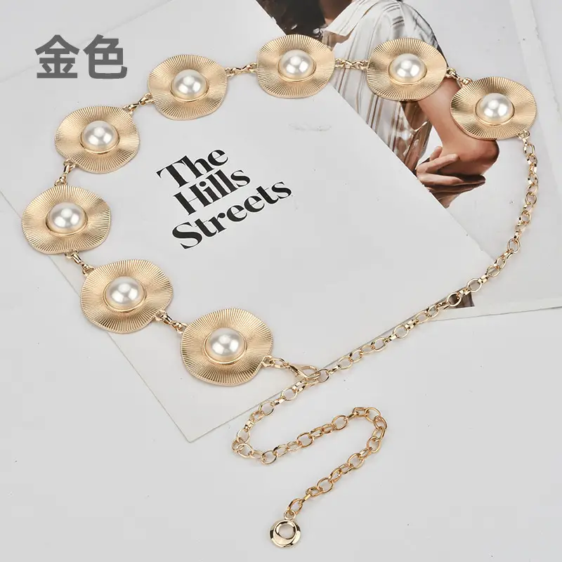 Korean Pearl Inlaid Metal Waist Chain for Women