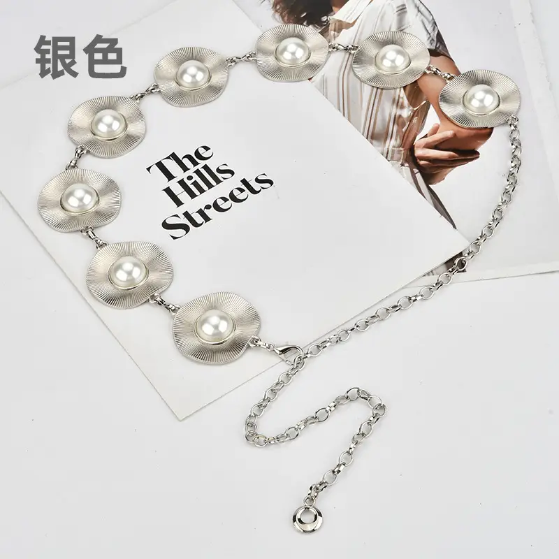 Korean Pearl Inlaid Metal Waist Chain for Women