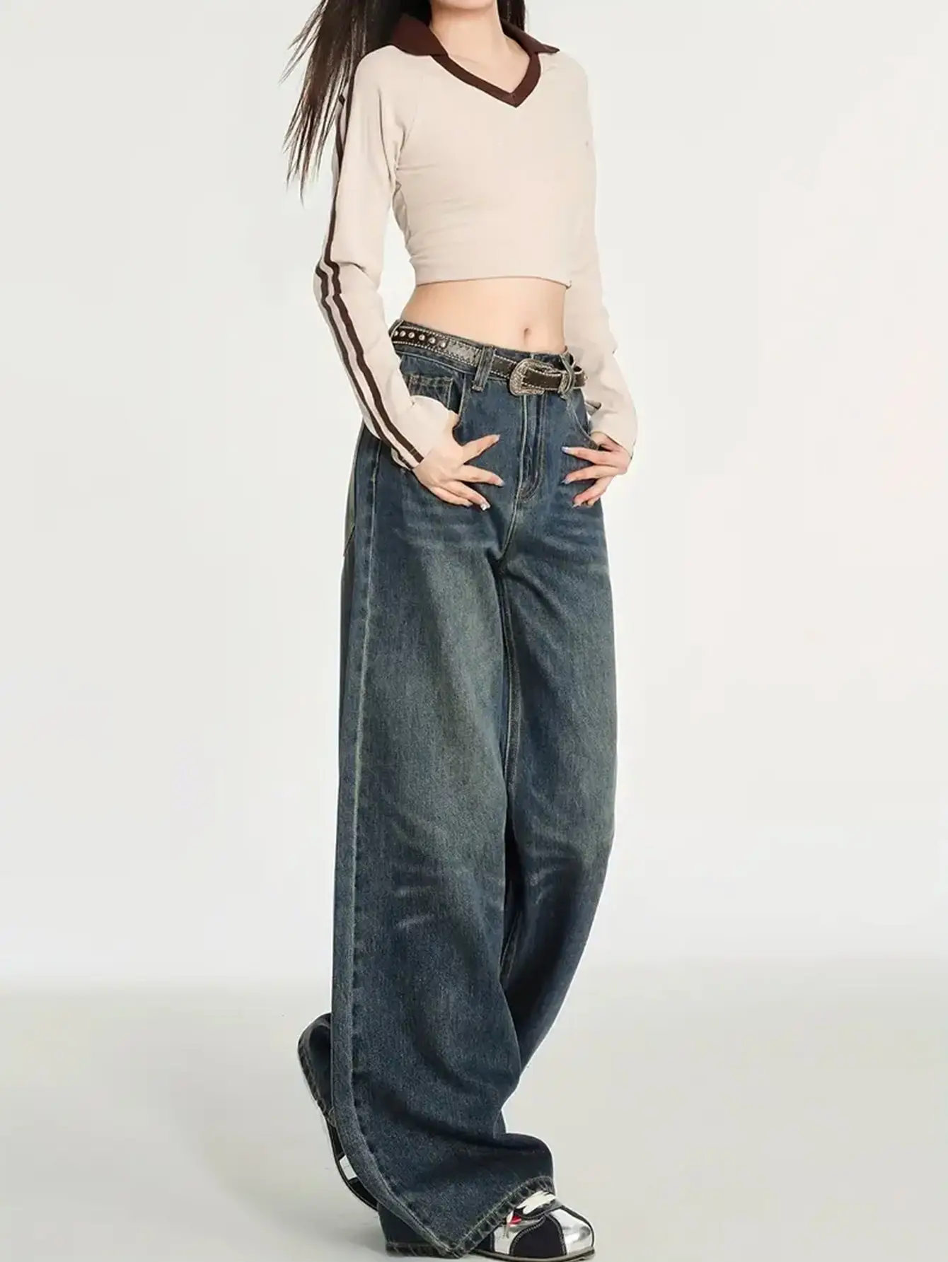 Dark Blue Heavy Duty Wide Leg Jeans for Women — feature 7