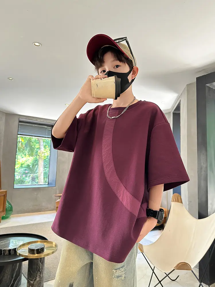 Summer Boys T-Shirt Maroon Patchwork Half Sleeve - Image 2