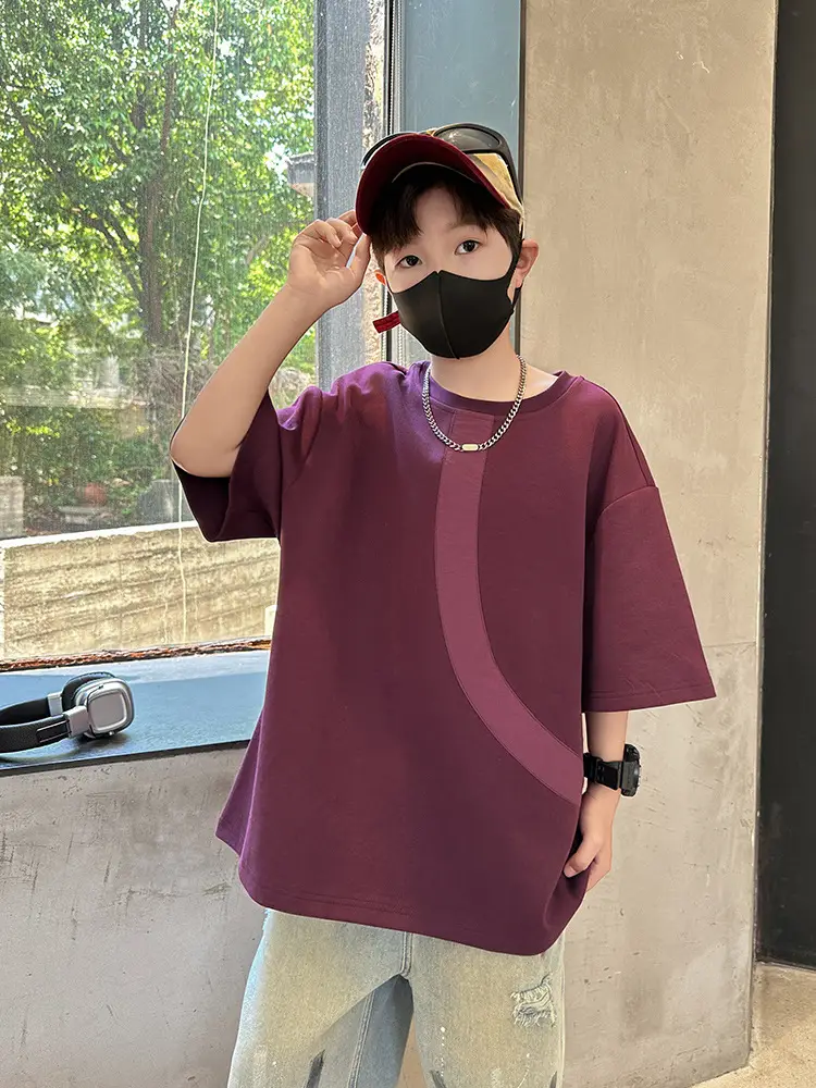 Summer Boys T-Shirt Maroon Patchwork Half Sleeve - Image 3