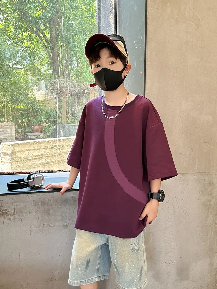 Summer Boys T-Shirt Maroon Patchwork Half Sleeve - Image 4