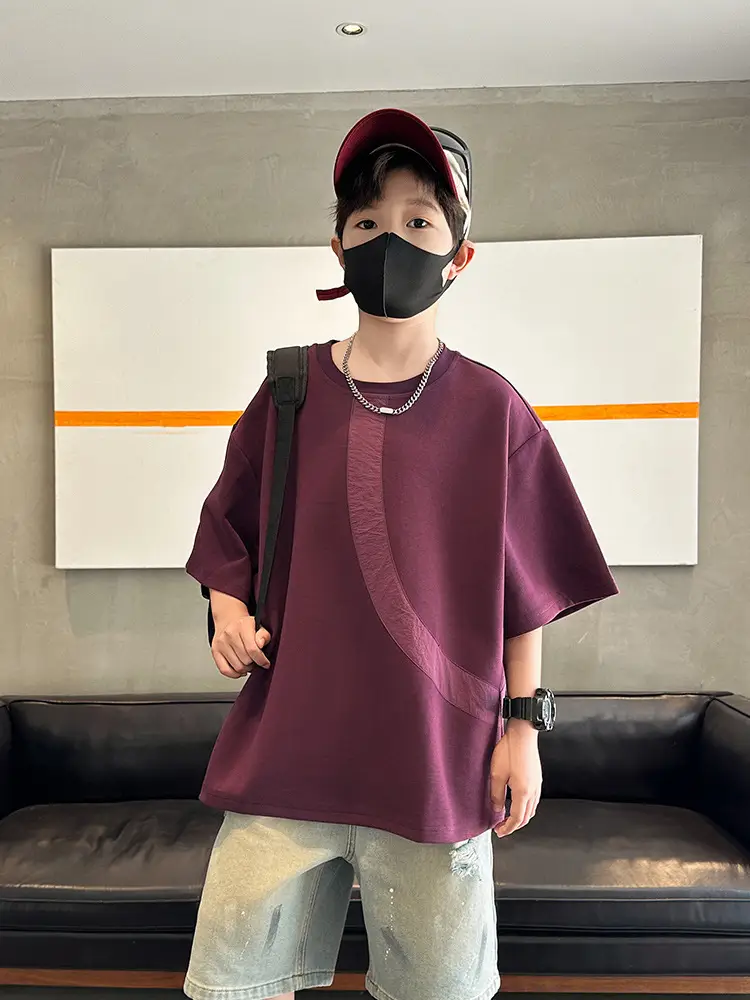 Summer Boys T-Shirt Maroon Patchwork Half Sleeve - Image 5