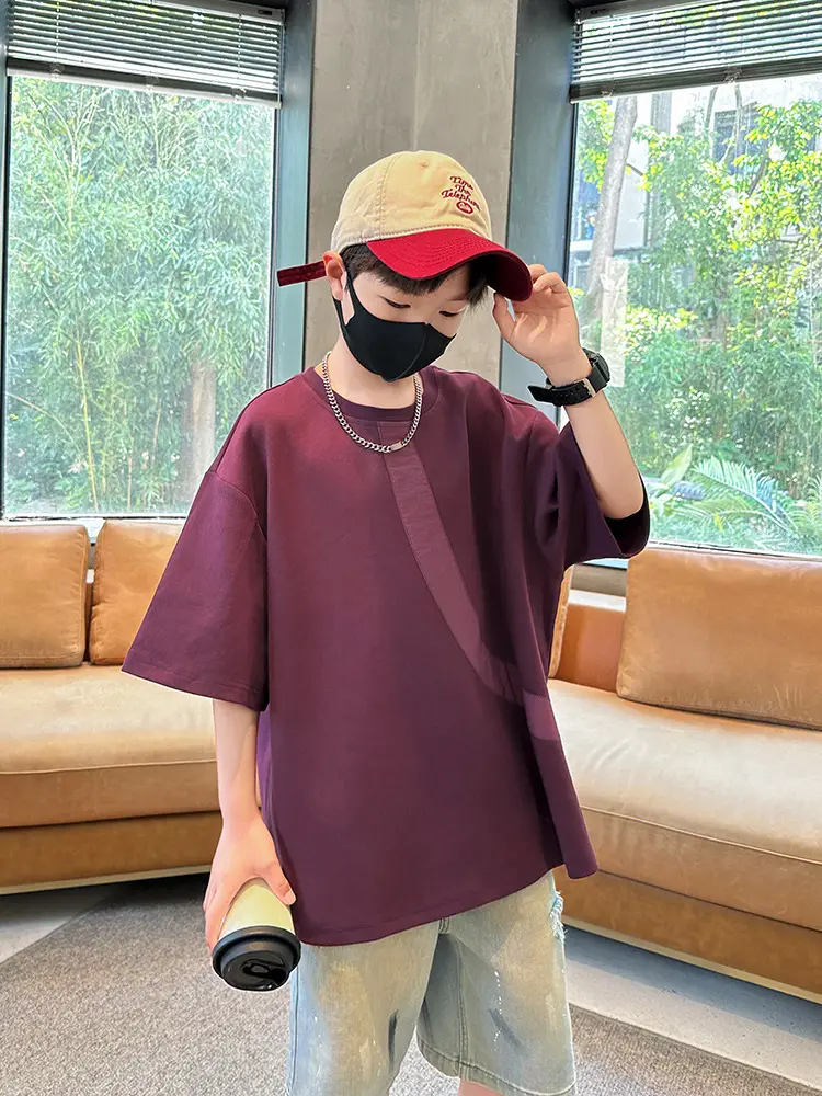 Summer Boys T-Shirt Maroon Patchwork Half Sleeve - Image 6