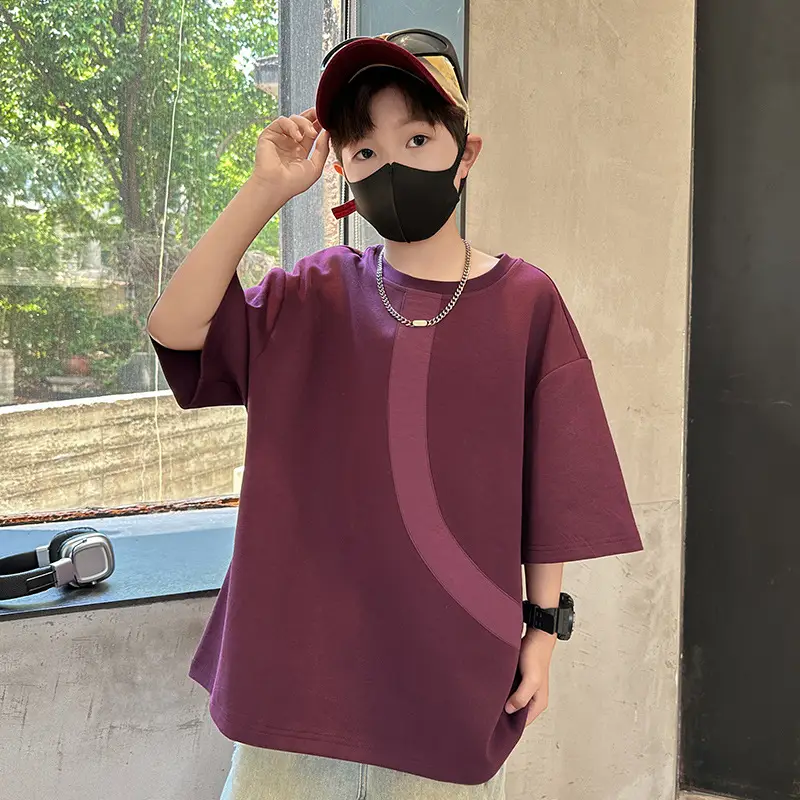 Summer Boys T-Shirt Maroon Patchwork Half Sleeve — feature 1