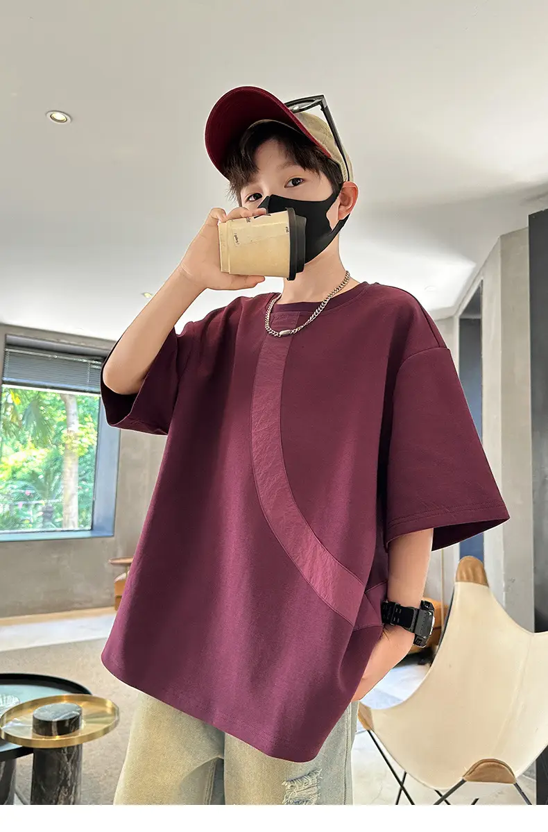 Summer Boys T-Shirt Maroon Patchwork Half Sleeve — feature 14