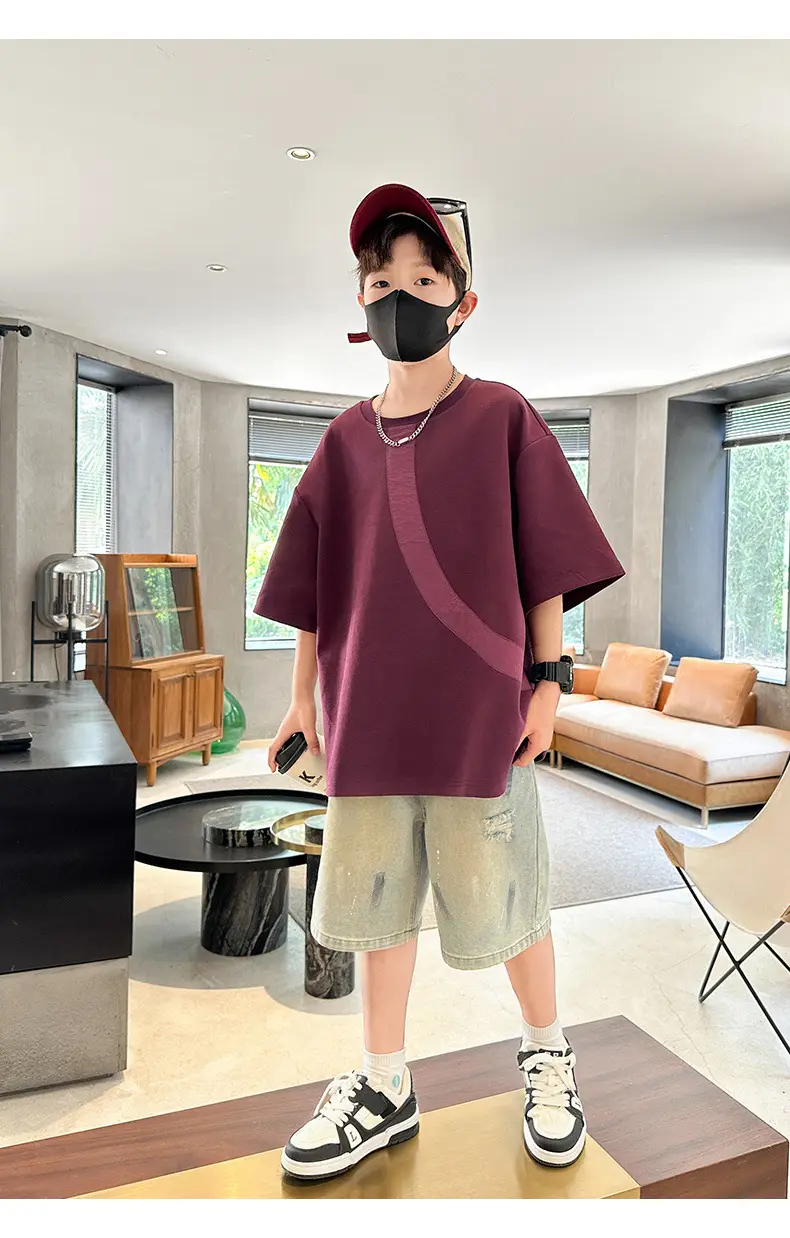 Summer Boys T-Shirt Maroon Patchwork Half Sleeve — feature 15