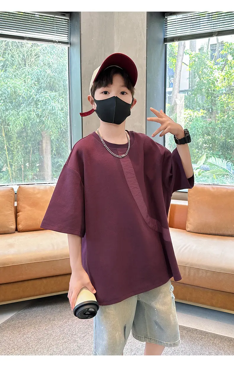 Summer Boys T-Shirt Maroon Patchwork Half Sleeve — feature 16