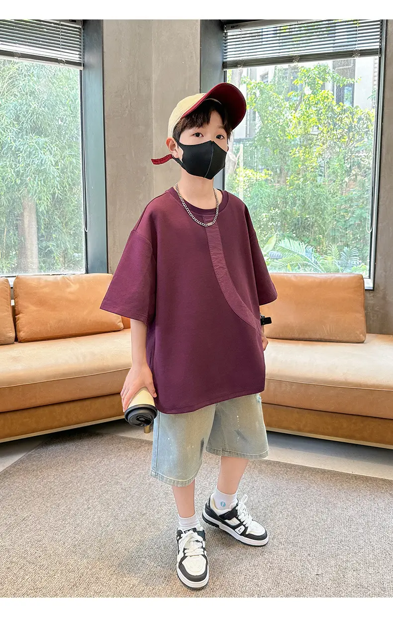 Summer Boys T-Shirt Maroon Patchwork Half Sleeve — feature 17