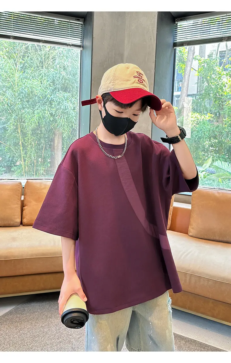 Summer Boys T-Shirt Maroon Patchwork Half Sleeve — feature 18