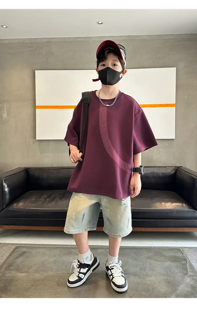 Summer Boys T-Shirt Maroon Patchwork Half Sleeve — feature 21