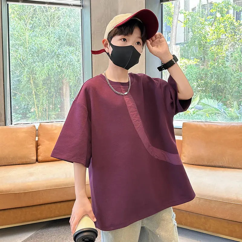 Summer Boys T-Shirt Maroon Patchwork Half Sleeve — feature 3