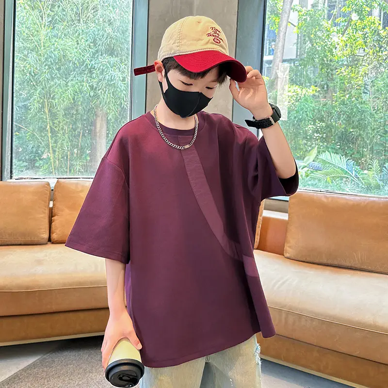 Summer Boys T-Shirt Maroon Patchwork Half Sleeve — feature 4