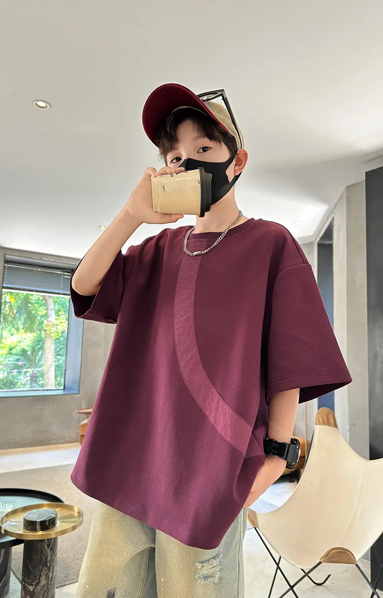 Summer Boys T-Shirt Maroon Patchwork Half Sleeve — feature 6