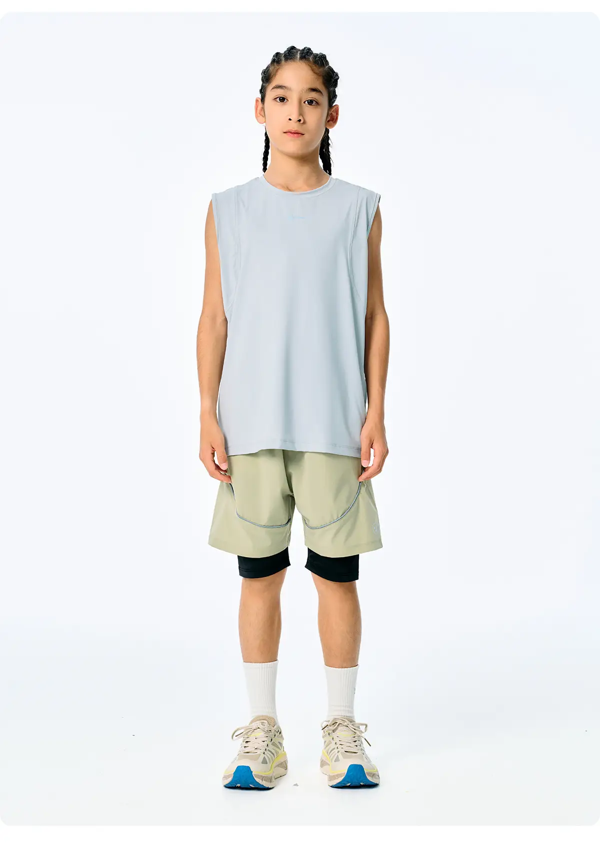 Kids Sleeveless T-Shirt Top Grey Blue Shorts Set — feature 14