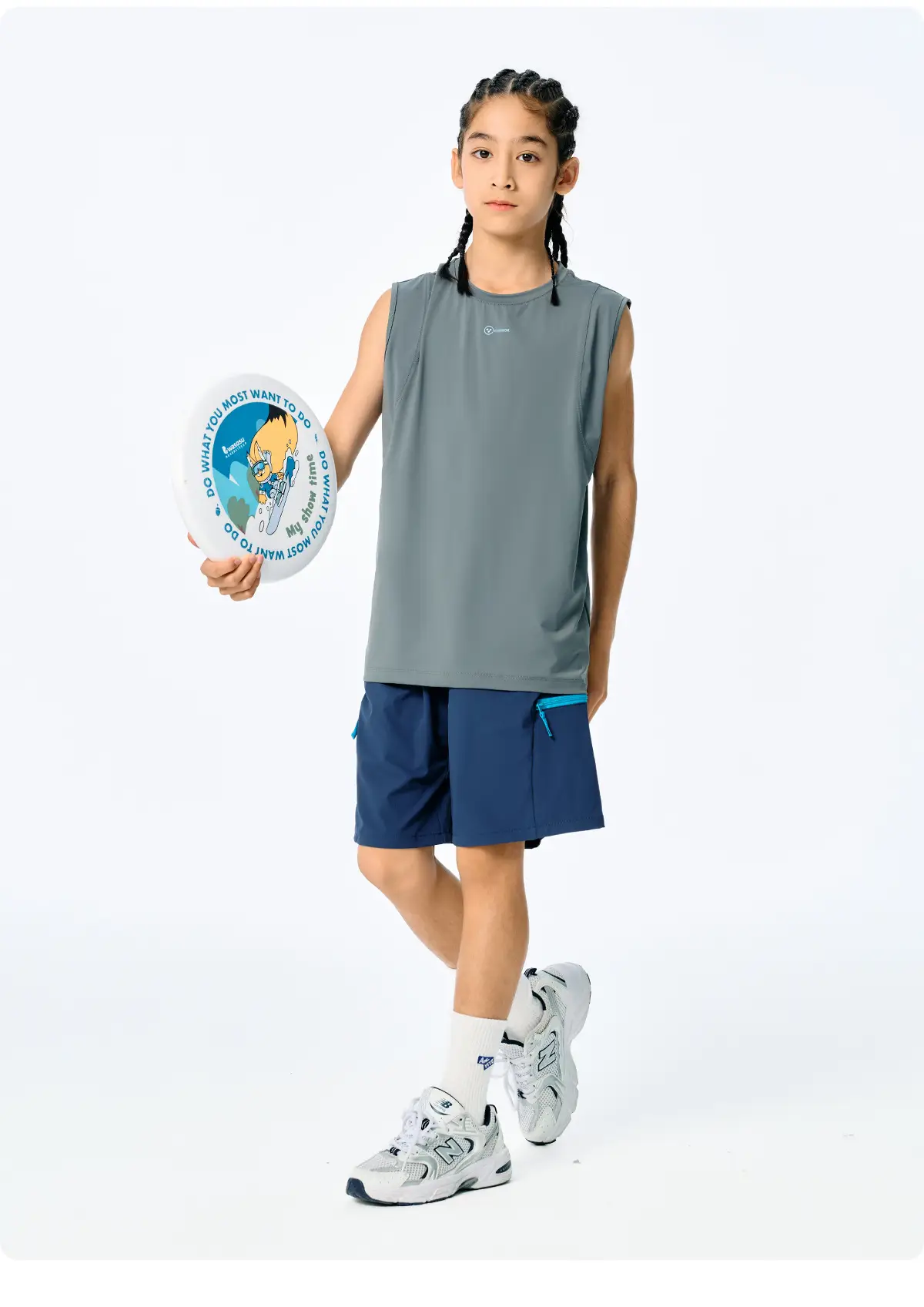 Kids Sleeveless T-Shirt Top Grey Blue Shorts Set — feature 18