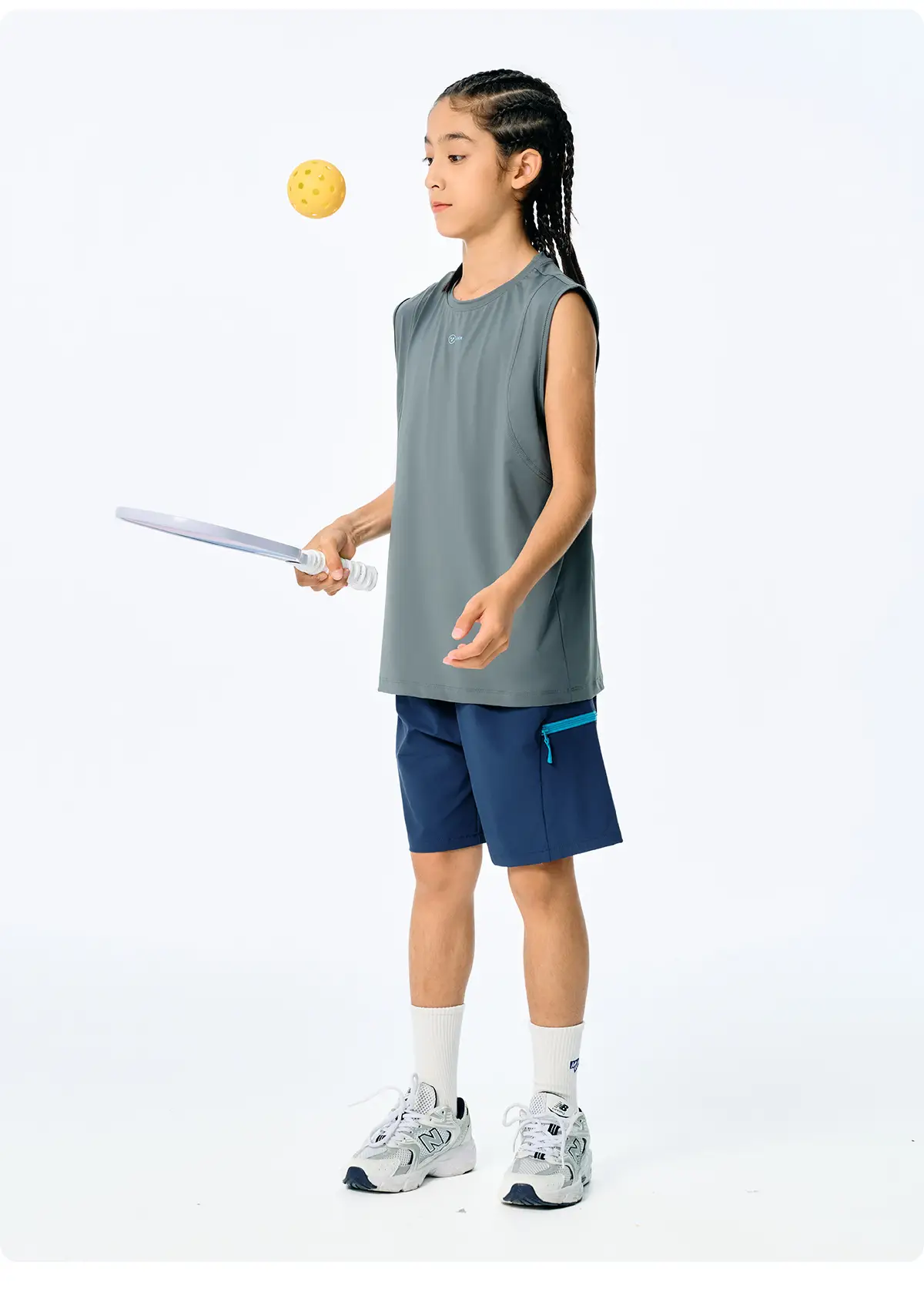 Kids Sleeveless T-Shirt Top Grey Blue Shorts Set — feature 19
