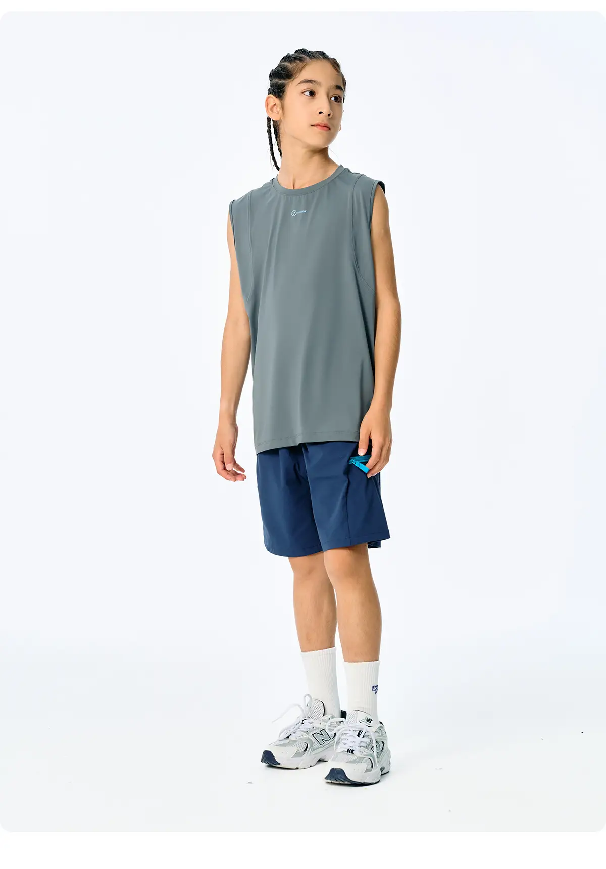 Kids Sleeveless T-Shirt Top Grey Blue Shorts Set — feature 20