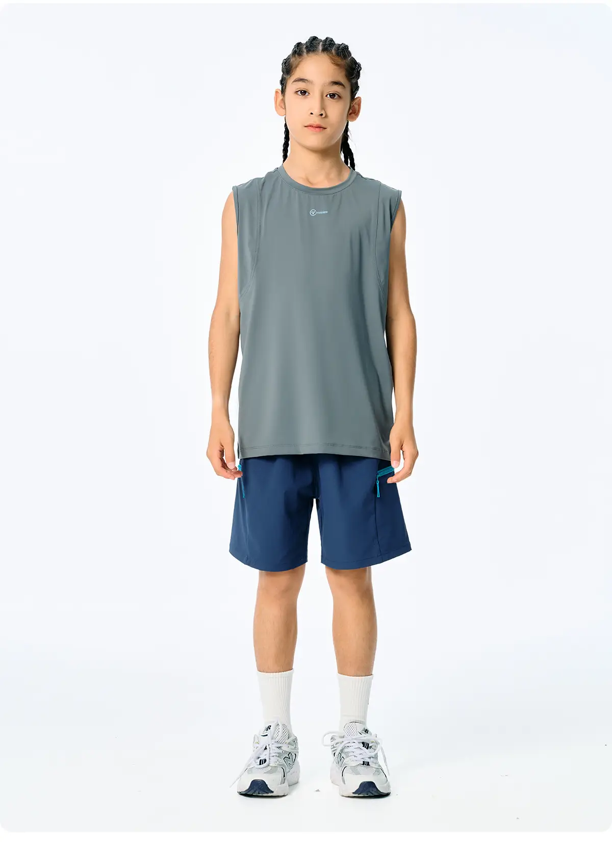 Kids Sleeveless T-Shirt Top Grey Blue Shorts Set — feature 21