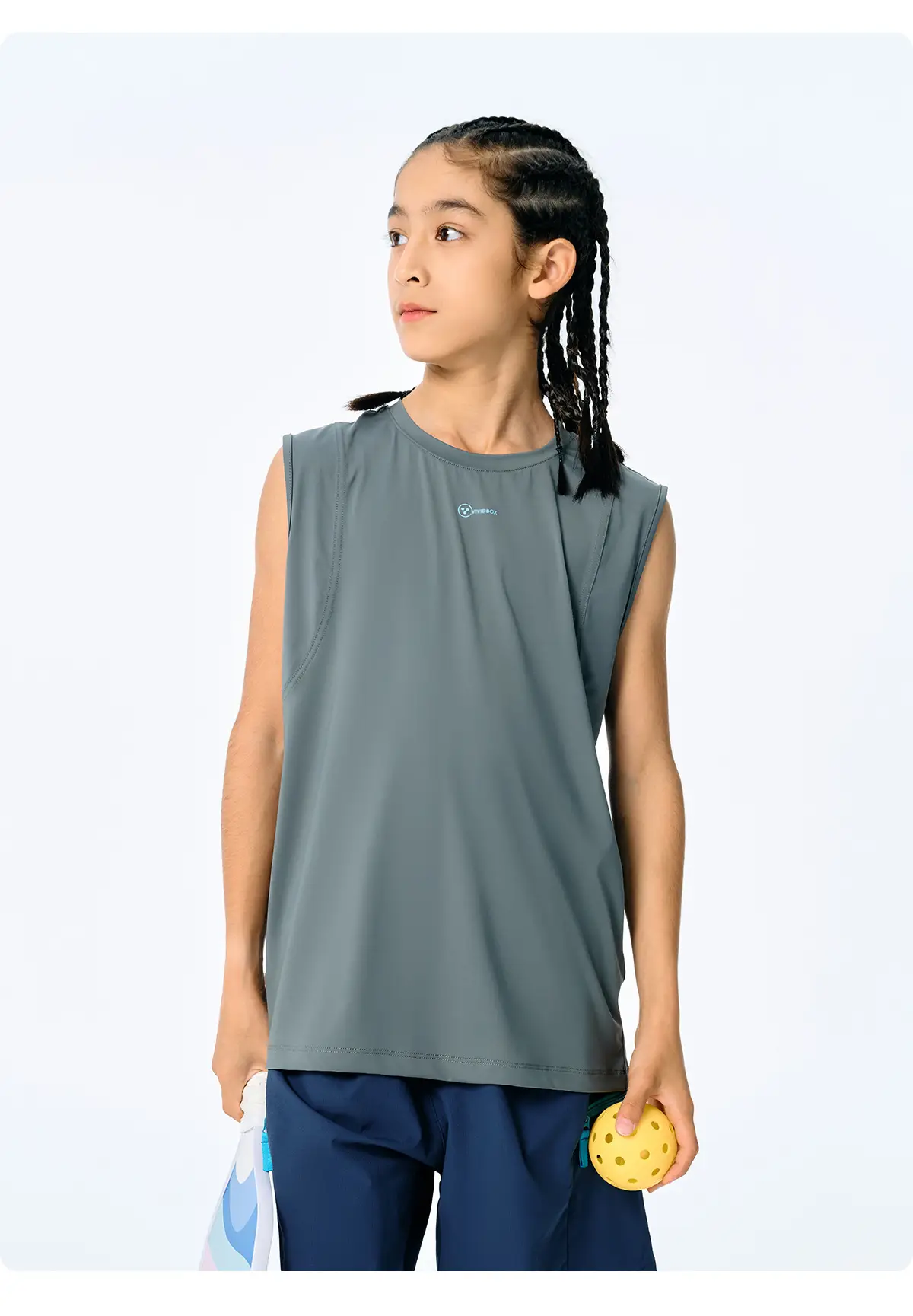 Kids Sleeveless T-Shirt Top Grey Blue Shorts Set — feature 24