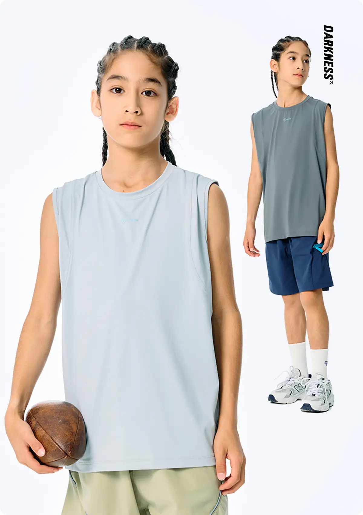 Kids Sleeveless T-Shirt Top Grey Blue Shorts Set — feature 3