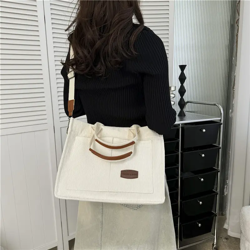 Beige Canvas College Student Tote Bag Large Capacity - Image 6